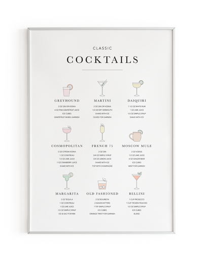 Classic cocktails 8x10 physical print featuring greyhound, maritini, daquiri and others