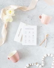 Coffee Guide Cart with envelope shown with pink mugs and cute pens