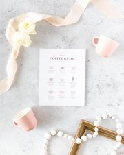 Physical coffee guide art print ready to frame in 8x10" size. Pictured with pink coffee mugs and gold frame.