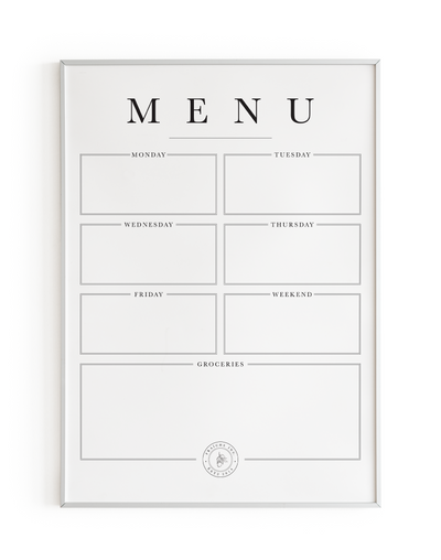 5 Day Weekly Menu Planner digital download ready to print. Space for writing down breakfast, lunches, and dinners for the week and a box to write down the groceries you need.